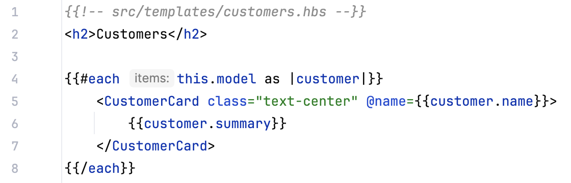 Template showing iteration over customer records